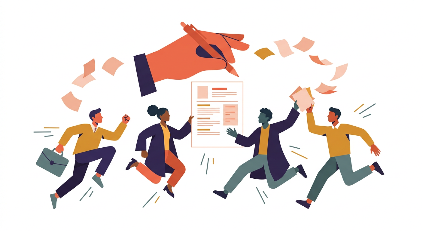 Quatre diplômés se dirigent vers un CV sous une main tenant un stylo