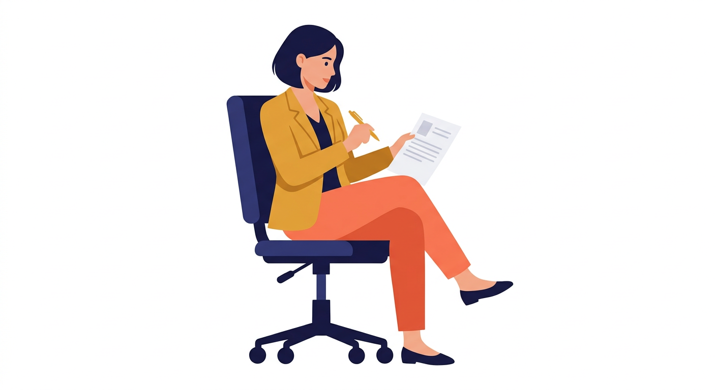 Une personne assise sur une chaise de bureau relit un CV
